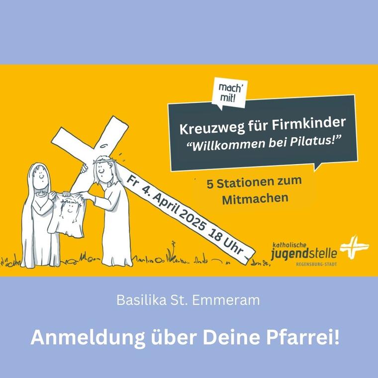 Einladungskarte zum Regensburger Firmkreuzweg in Blau und Orange mit einer Zeichnung von Jesus mit dem Kreuz.